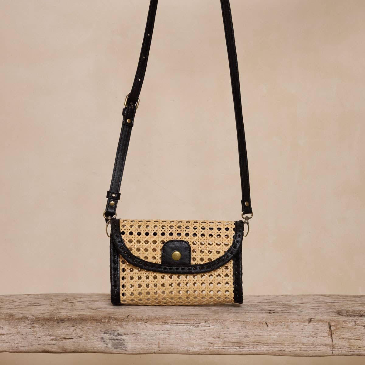 Rattan Black Clutch with Leather Trim and Crossbody Strap