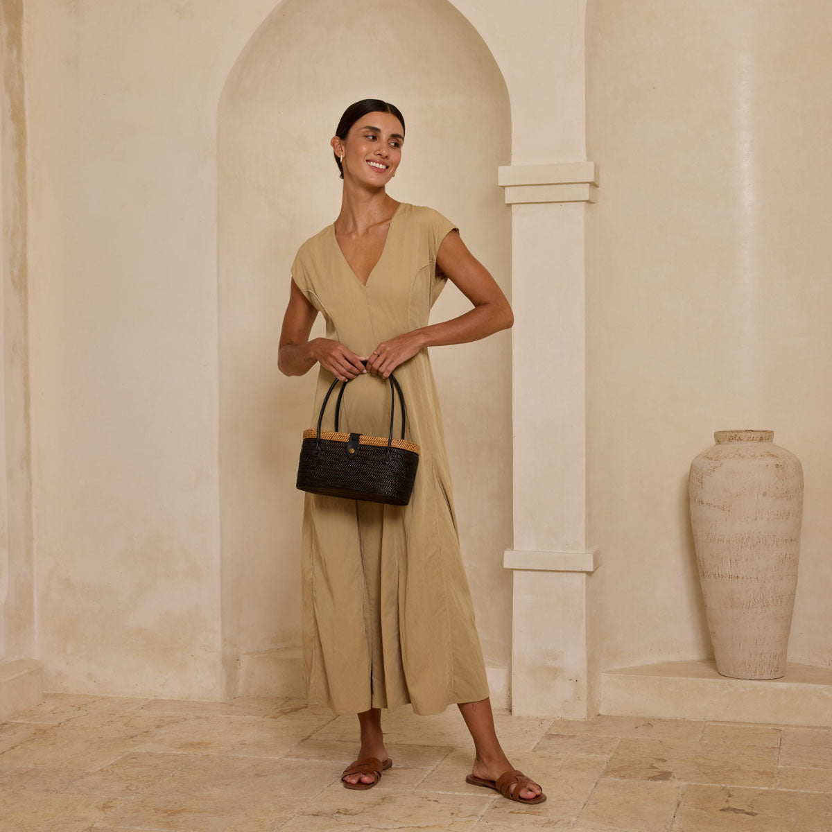Ata Black with Natural Trim Oval Racetrack Resort Handbag