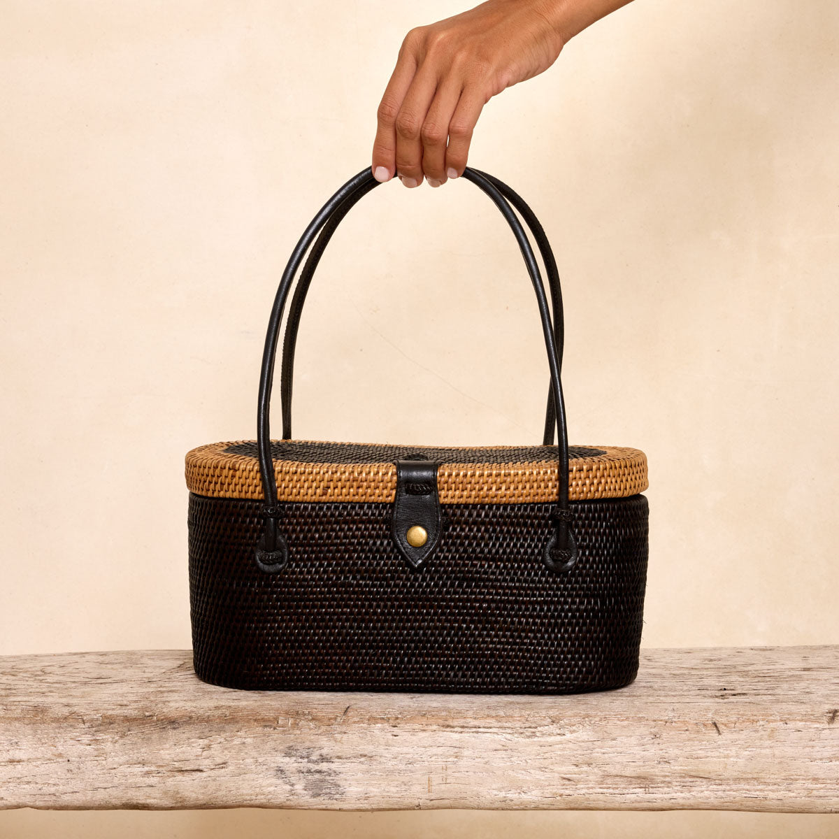 Pre-Order (Ships Sep 15) Ata Black with Natural Trim Oval Racetrack Resort Handbag