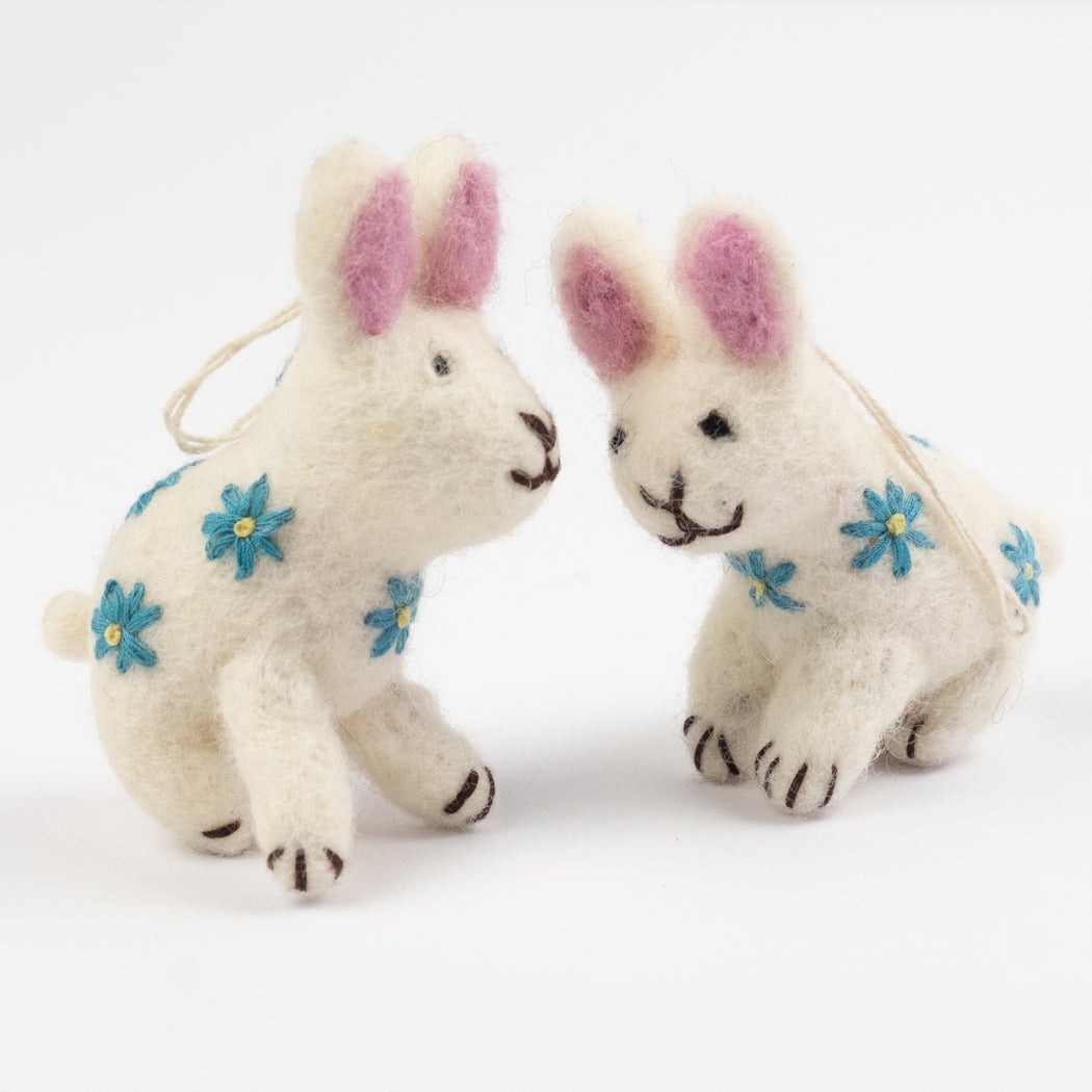 Ornament - Easter Decor - White Bunny with Blue Embroidery