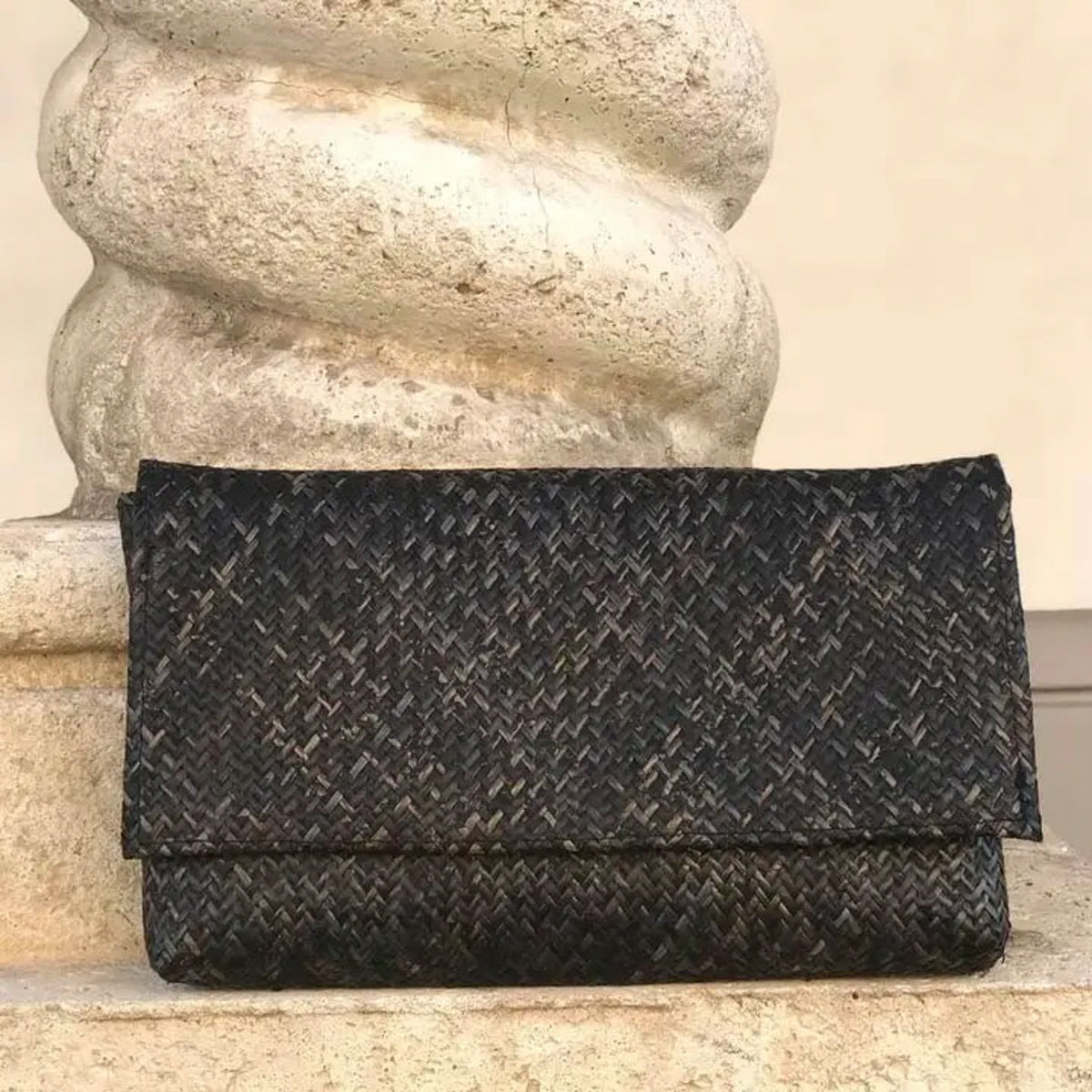 Rattan Summer Clutch with Batik Print Lining - Black