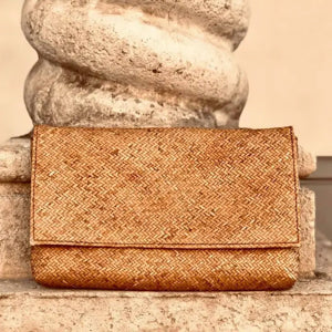 Rattan Summer Clutch with Batik Print Lining - Brown