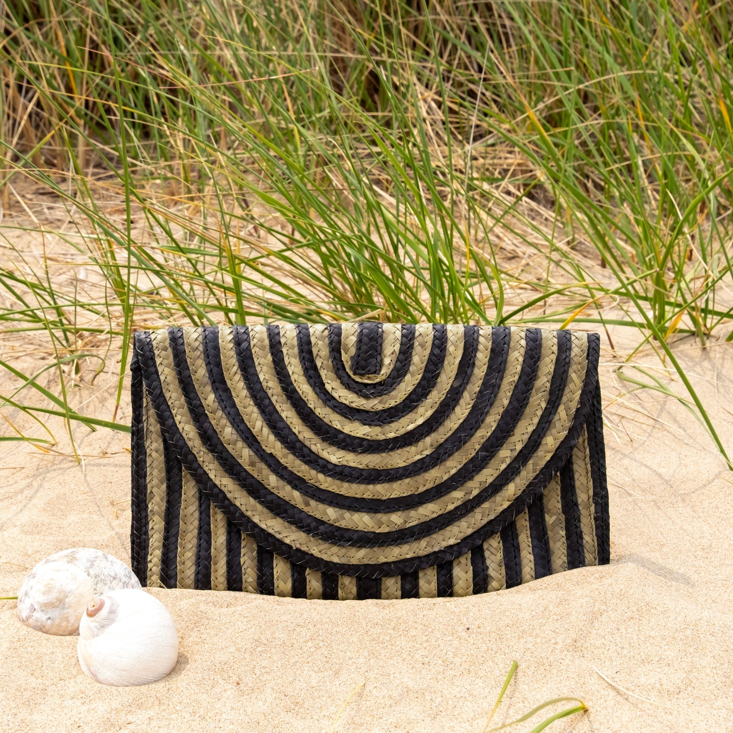 Straw Summer Resort Clutch Black and Natural Stripe