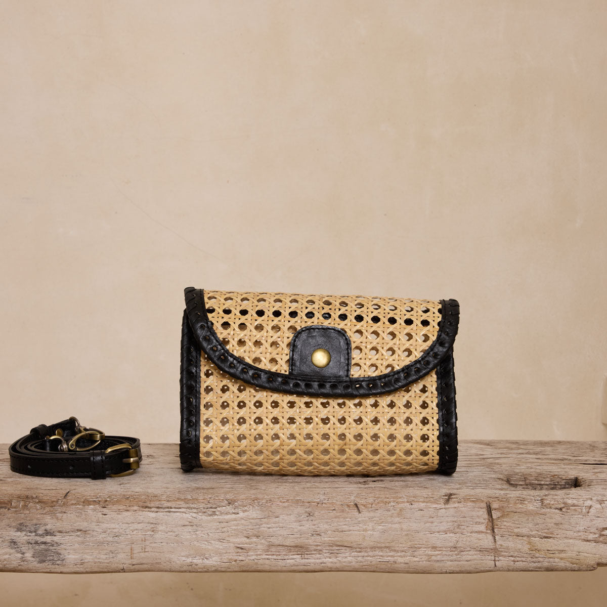 Rattan Black Clutch with Leather Trim and Crossbody Strap