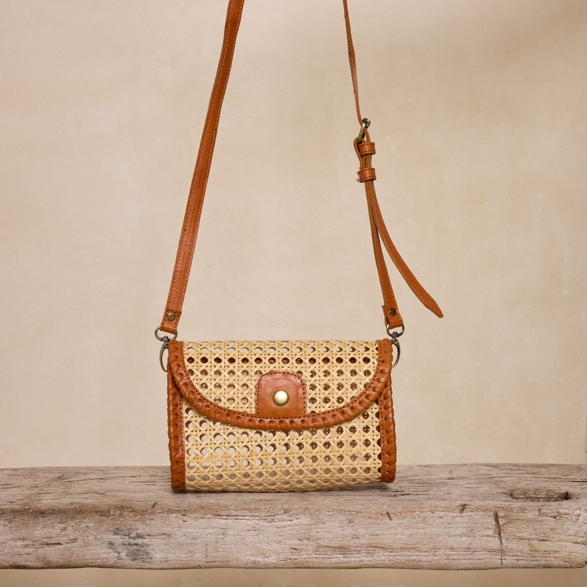 Pre-Order (Ships Sep 15) Rattan Brown Clutch with Leather Trim and Crossbody Strap