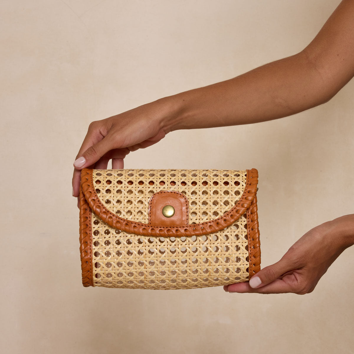 Rattan Brown Clutch with Leather Trim and Crossbody Strap
