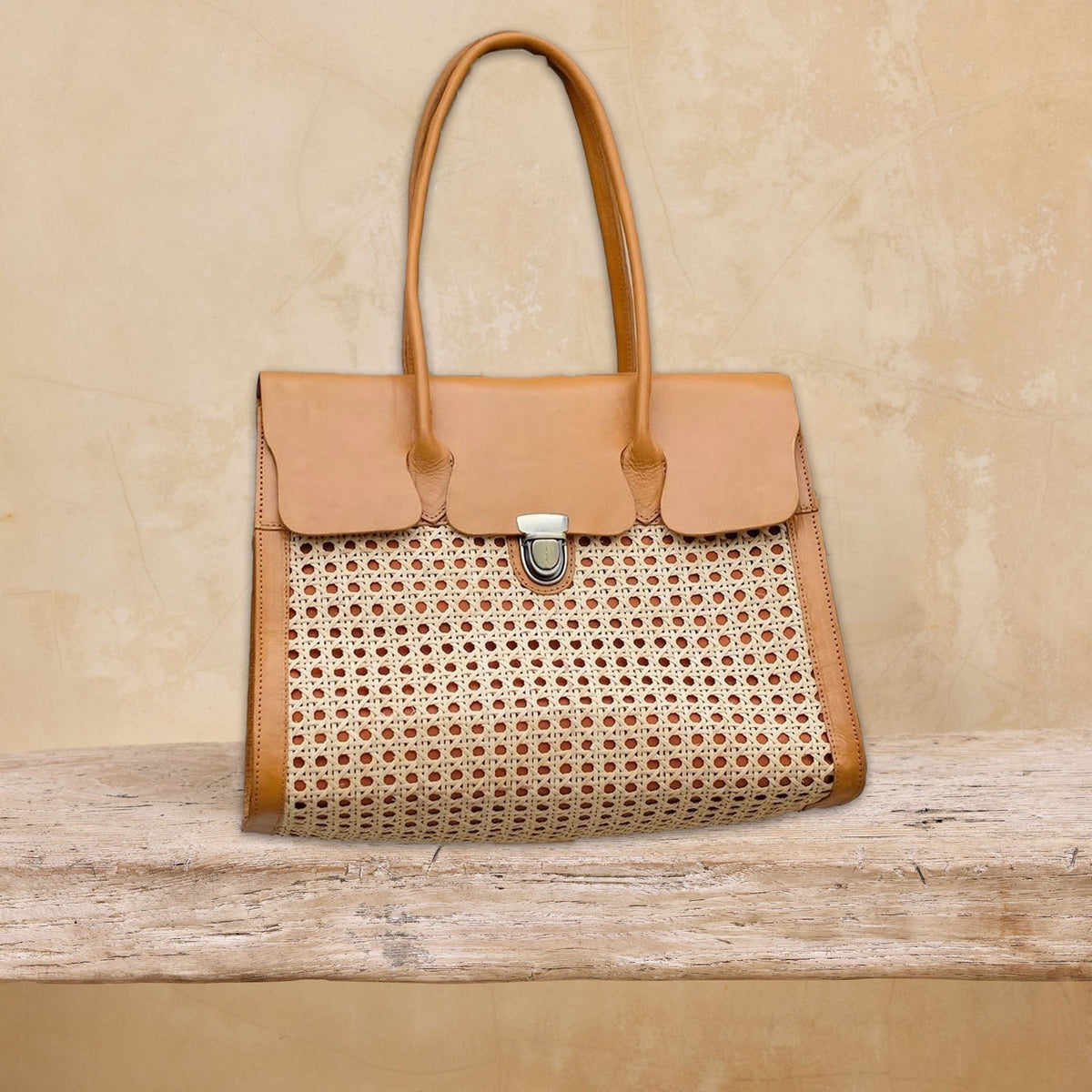 Pre-Order (Ships Sep 15) Rattan Cane Weave Resort Satchel with Leather Trim