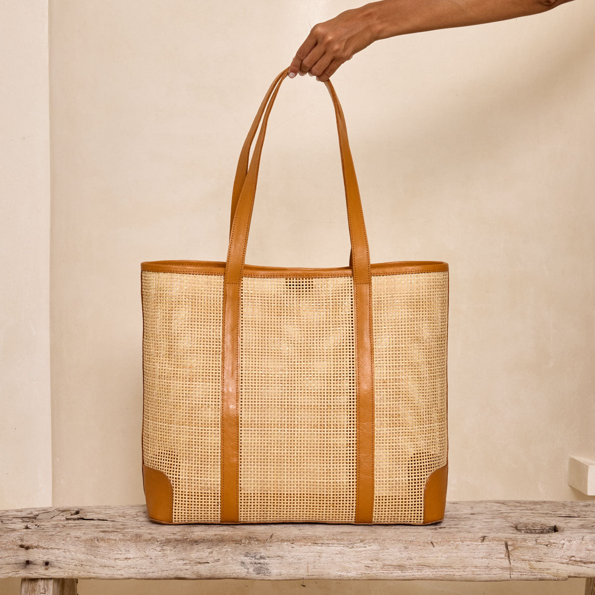 Rattan Oversized Square Weave Tote Brown Leather Crosshatch