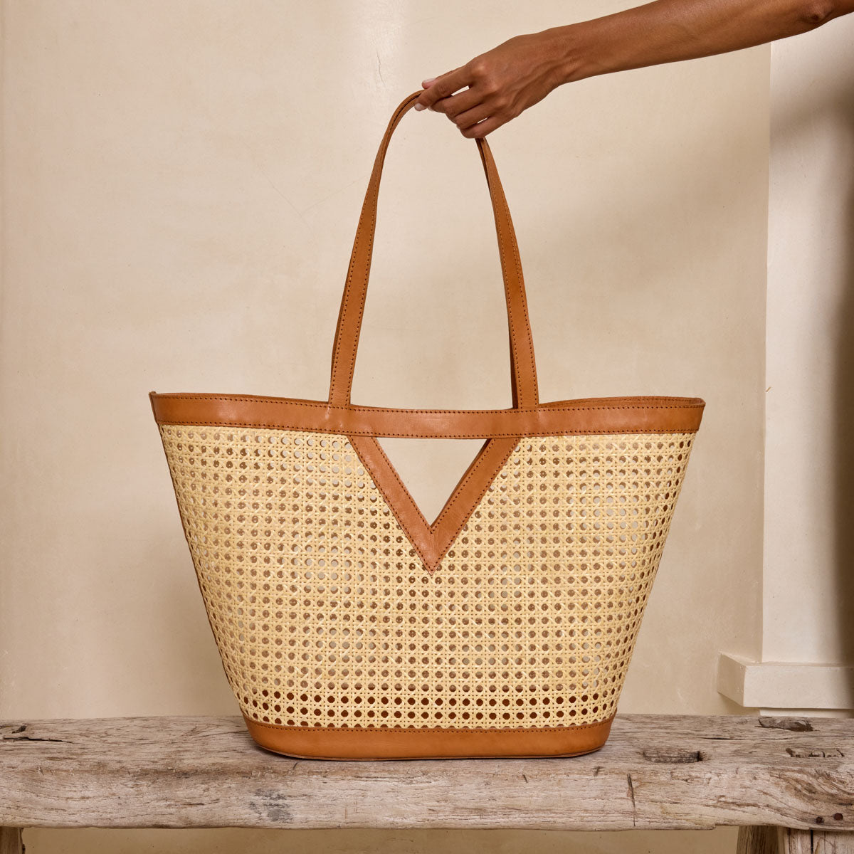 Rattan Large Square Cane Weave Woven Tote with Triangle