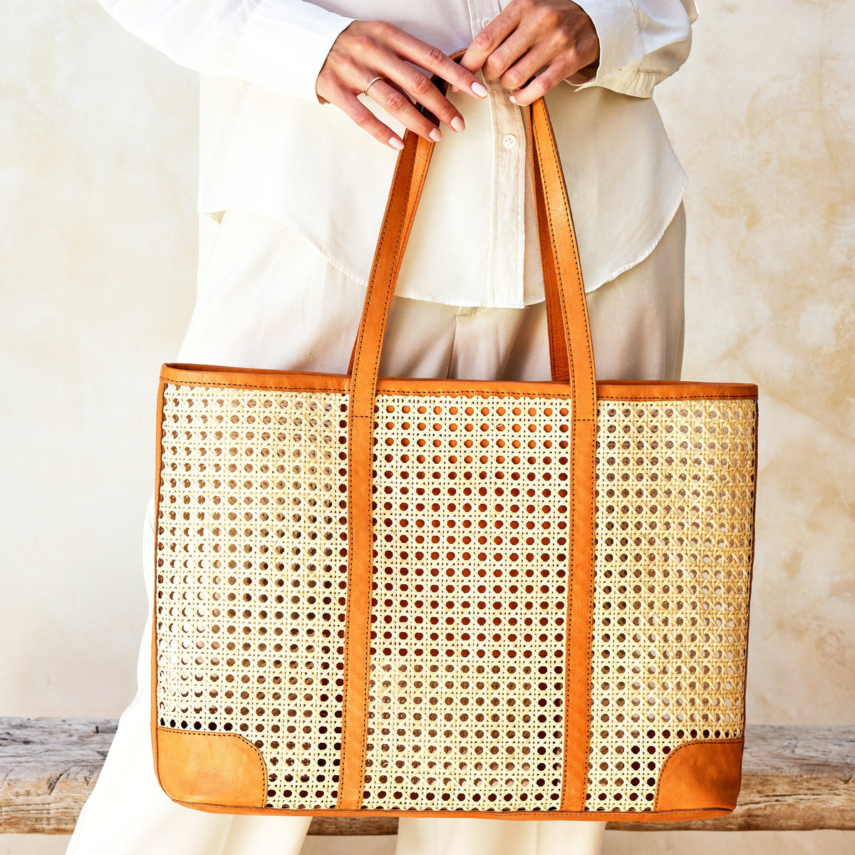Rattan Oversized Cane Weave Woven Tote Brown Leather