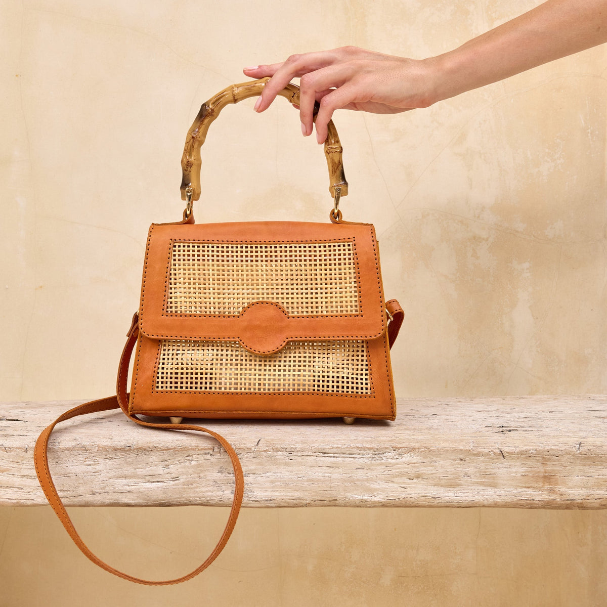 Pre-Order (Ships Oct 30) Rattan Crosshatch Weave Handbag with Bamboo Handle