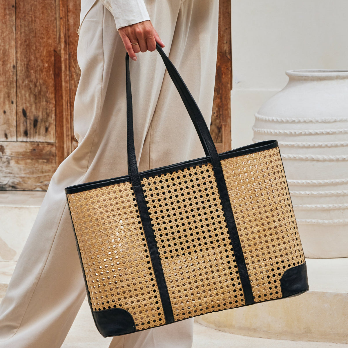 Pre-Order (Ships Sep 15) Rattan Oversized Cane Weave Woven Tote Black Leather Trim