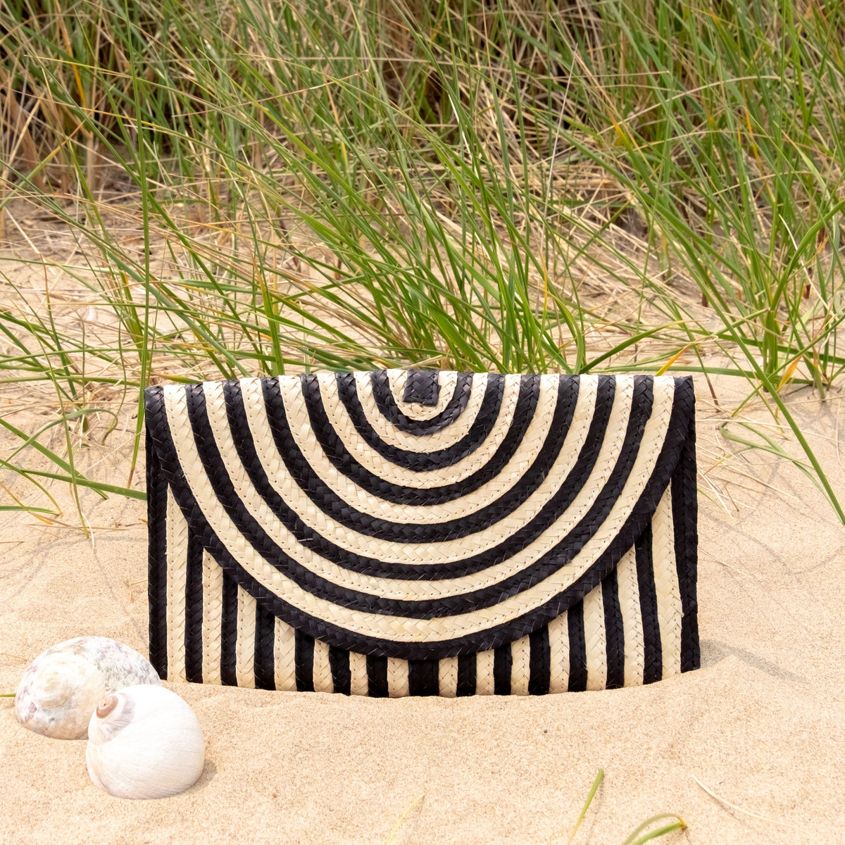 Pre-Order (Ships Oct 30) Straw Summer Resort Clutch Black and White Stripe