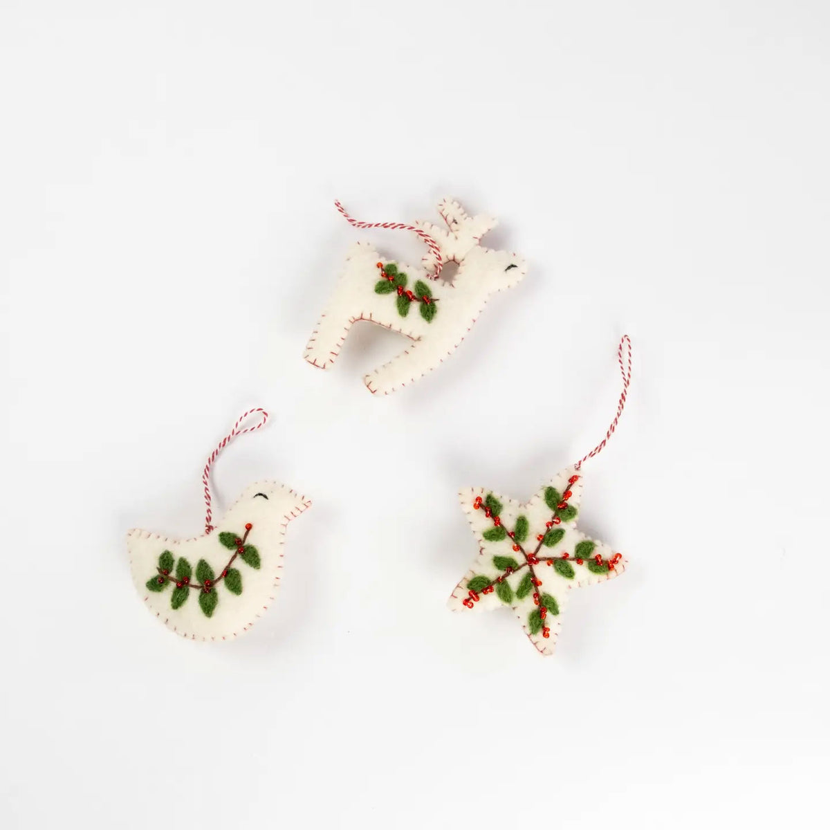 Ornament - Christmas Decor - Embroidered Dove, Star and Deer