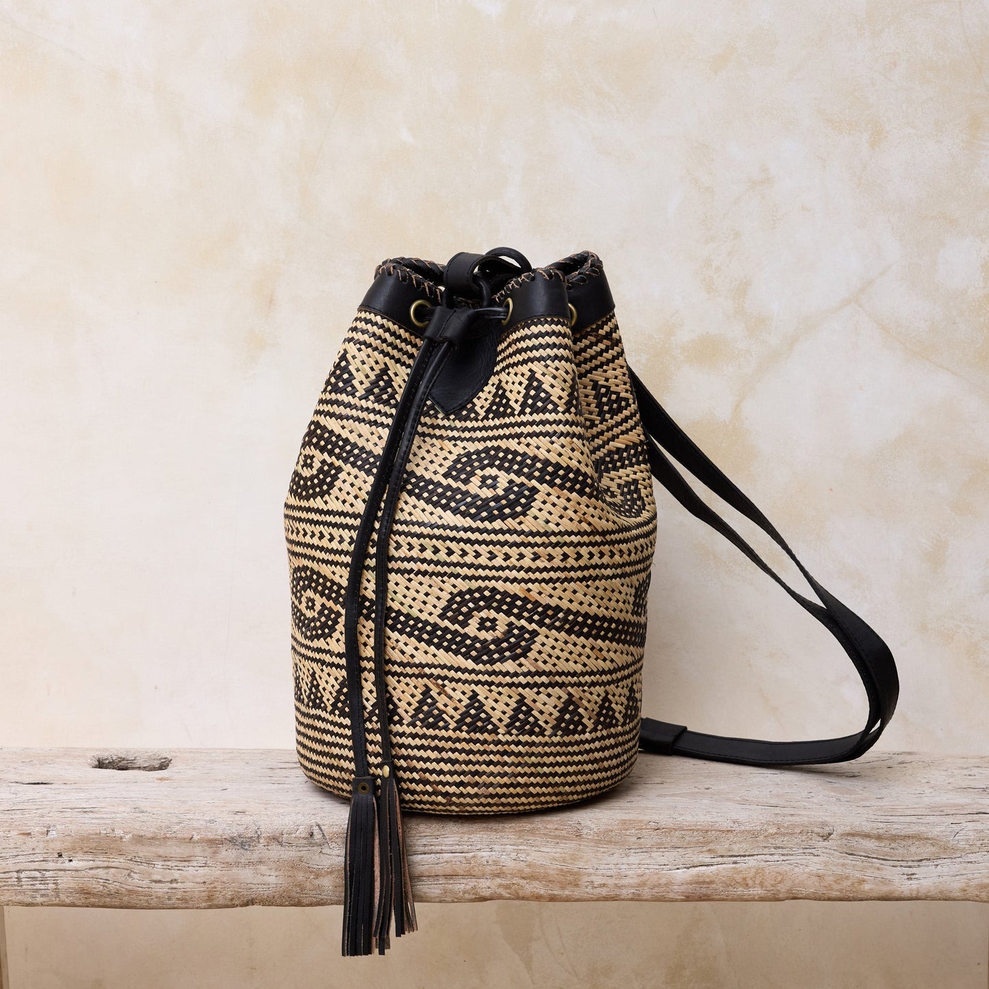 Rattan Sling Backpack - Tribal Patten Dark Leather - Large