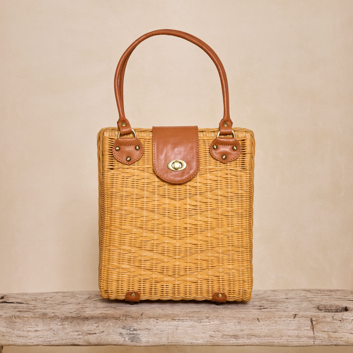 Rattan Large Handbag with Leather Flap Twist Closure