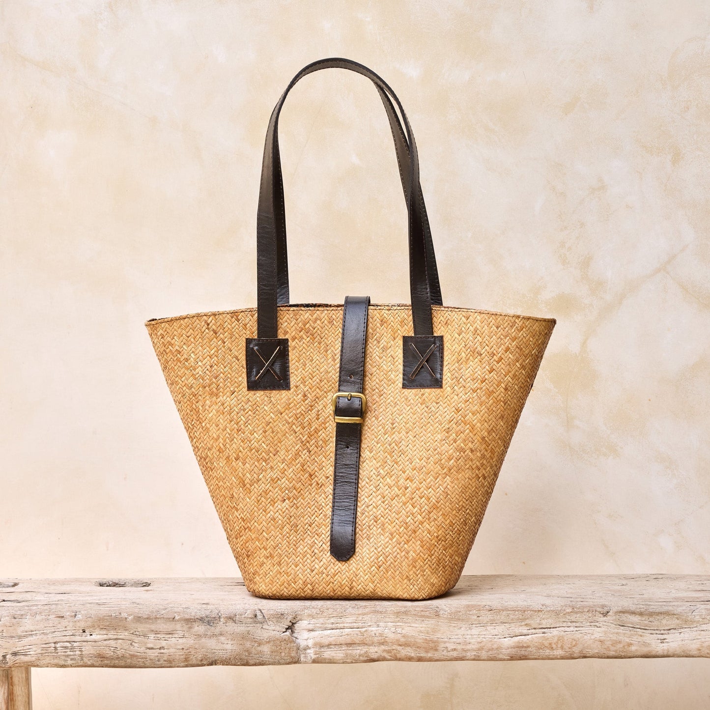 Pre-Order (Ships Sep 15) Rattan Beach Basket Woven Tote Bag with Dark Leather Trim