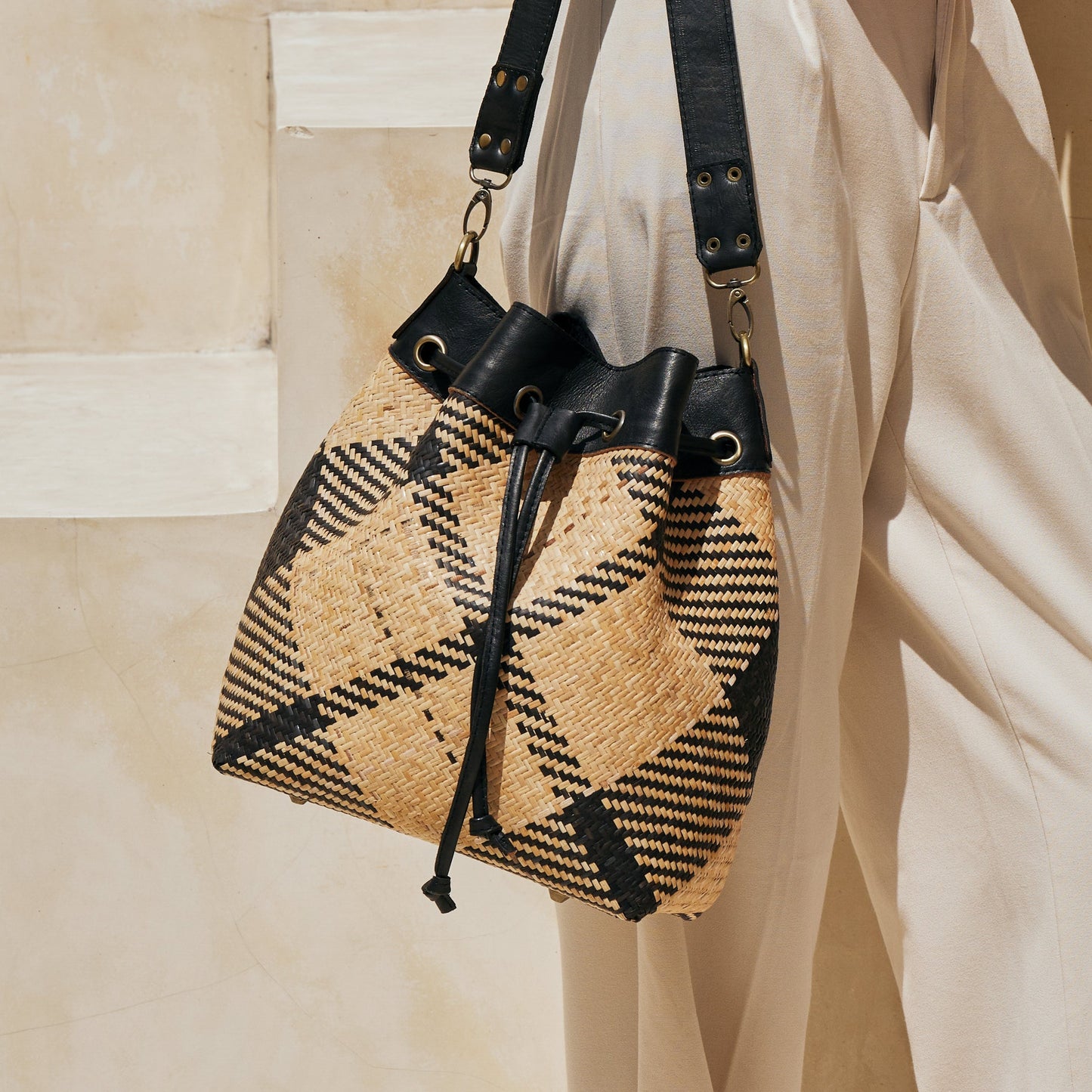 Pre-Order (Ships Sep 15) Rattan Sling Bag - Black and Ivory Plaid Weave, Leather Trim