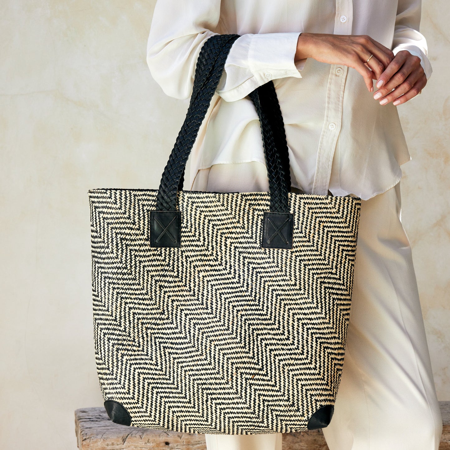Pre-Order (Ships Oct 30) Rattan Oversized Woven Tote Bag with Black Leather Trim
