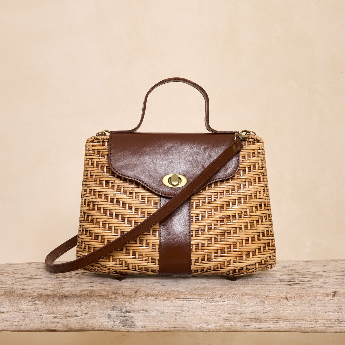 Pre-Order (Ships Oct 30) Rattan Dark Brown Leather Strap Handbag Crossbody