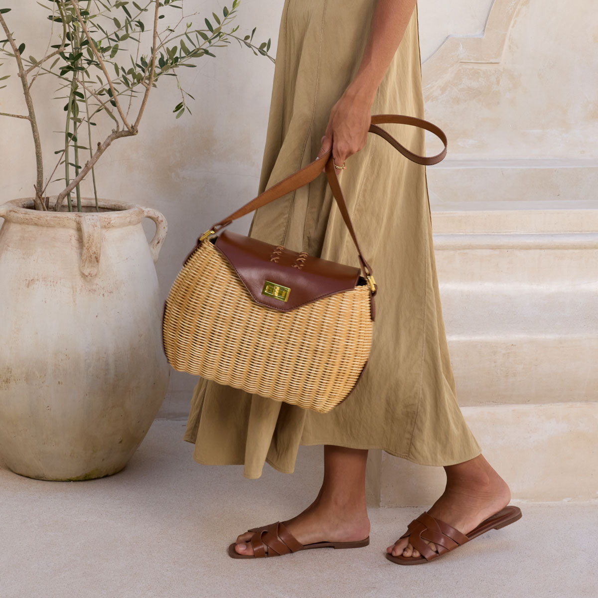Rattan Oversized Shoulder Bag with Dark Brown Leather Trim