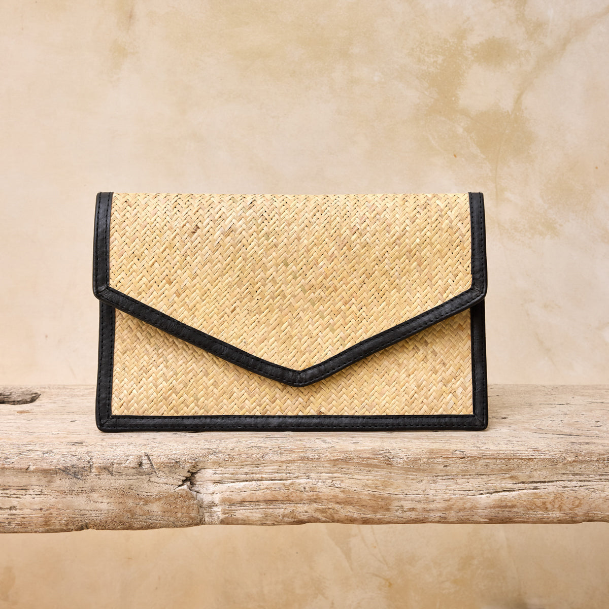 Pre-Order (Ships Oct 30) Rattan Summer Resort Clutch Ivory with Black Leather Trim