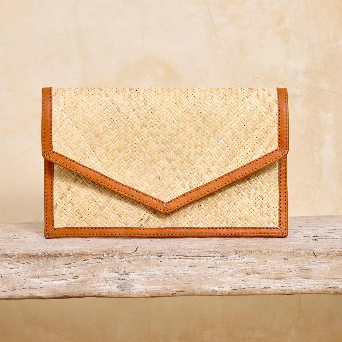 Rattan Summer Resort Clutch Ivory with Brown Leather Trim