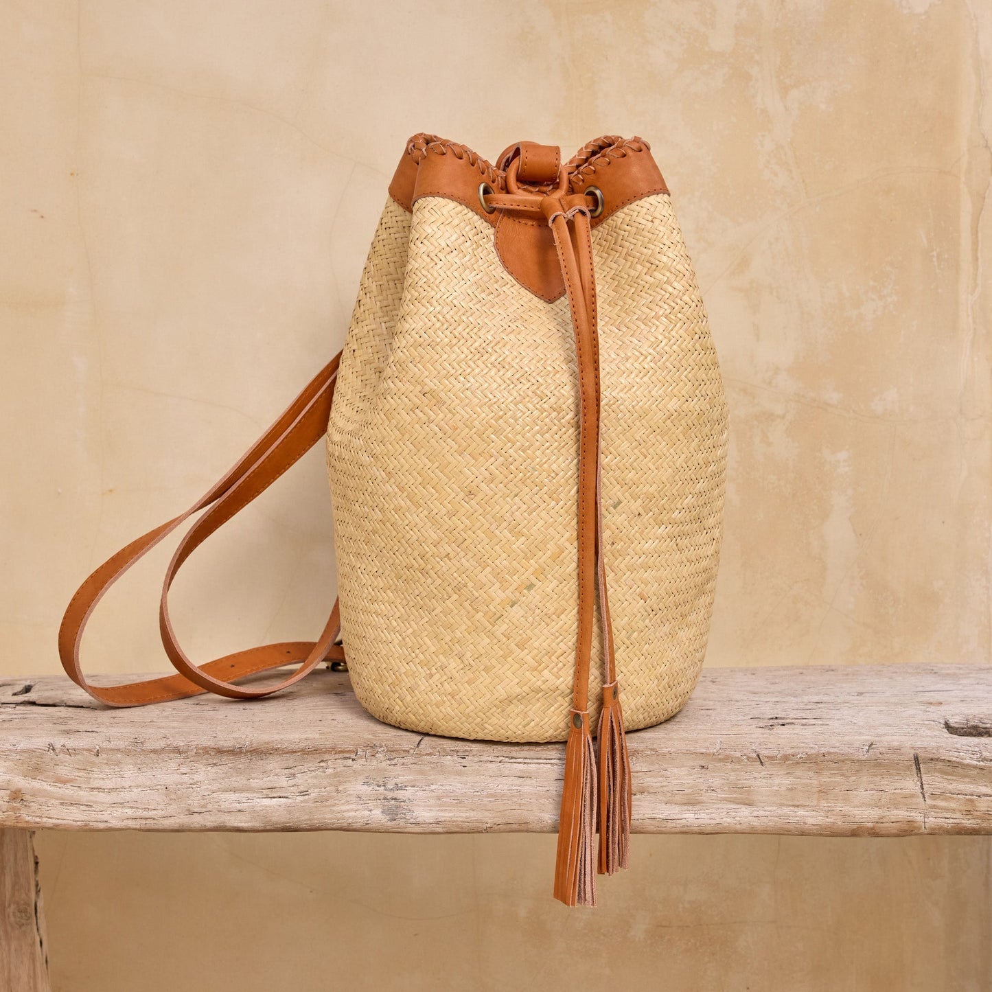 Rattan Sling Bag - Ivory with Light Leather Trim
