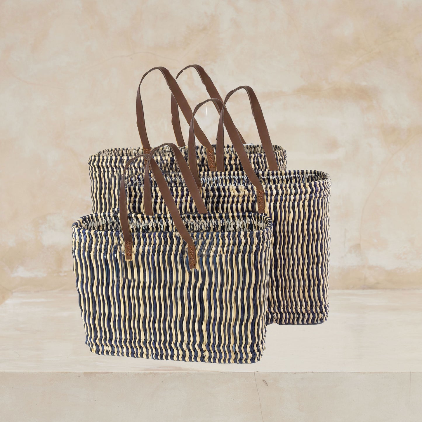 Moroccan Market Basket Set of 3 Midnight Stripe Long Strap