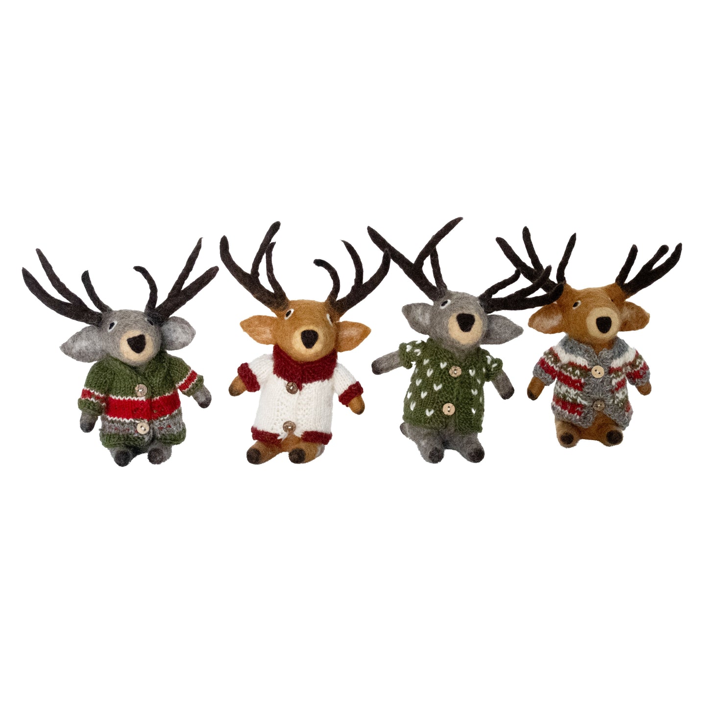 Sitting Reindeer with Handknit Sweaters