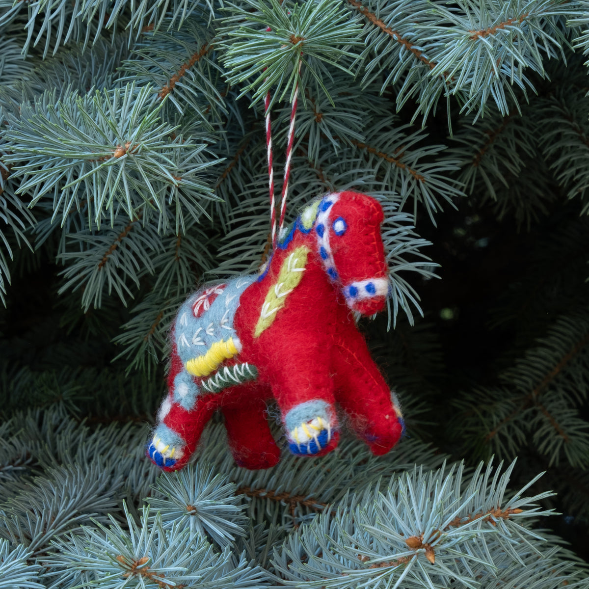 Ornament - Red Swedish Dala Horse, Hand Embroidered