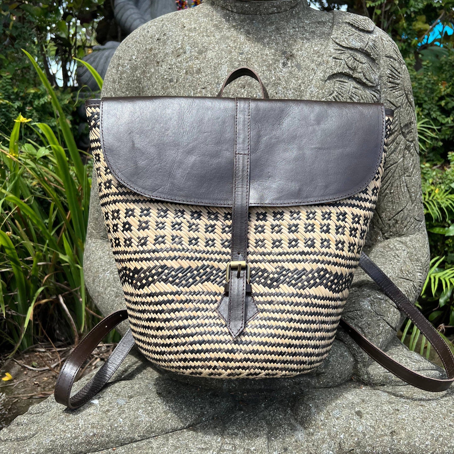 Handwoven Rattan Backpack with Black Leather Trim