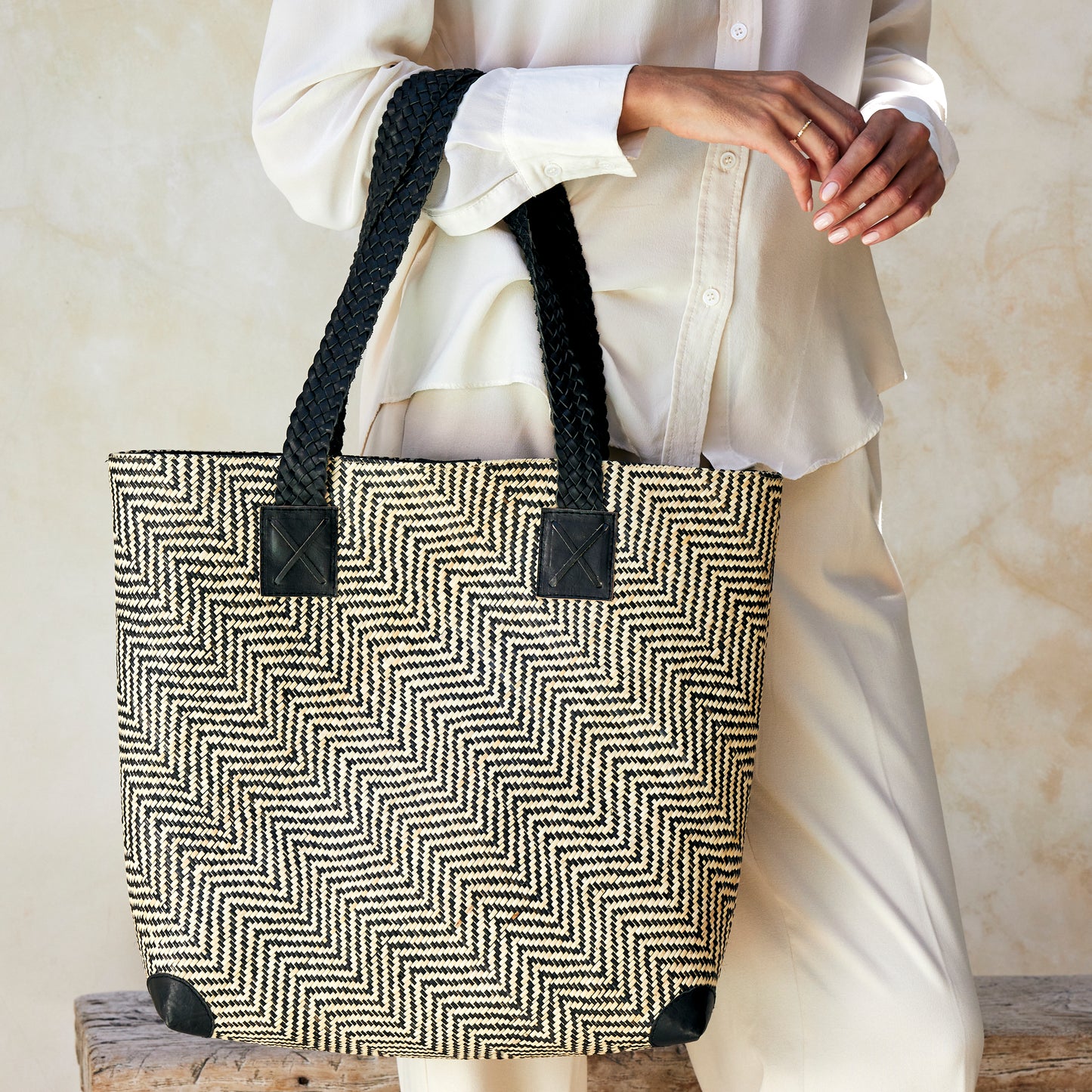 Rattan Oversized Tote - Black Leather Straps