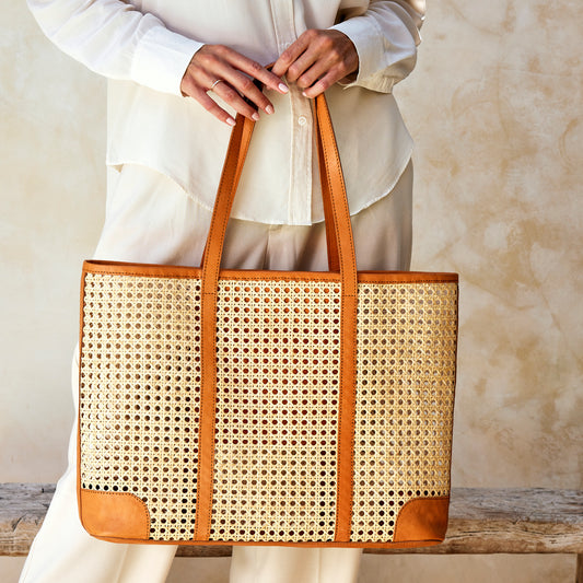 Rattan Cane Weave Oversized Tote - Brown Leather Trim