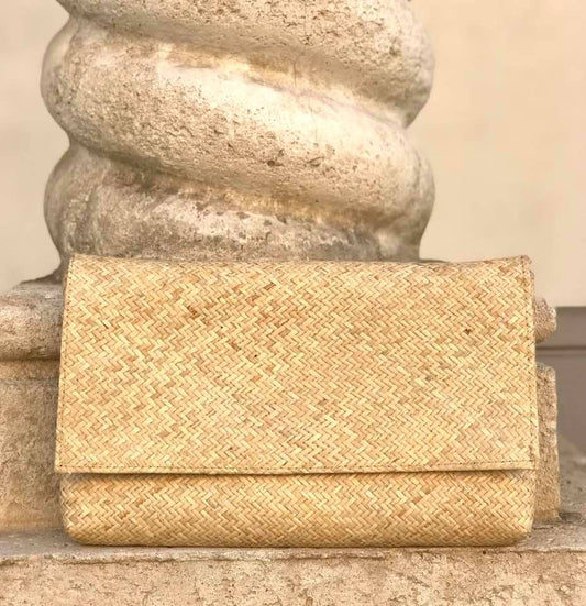 Rattan Summer Clutch with Batik Print Lining - Ivory