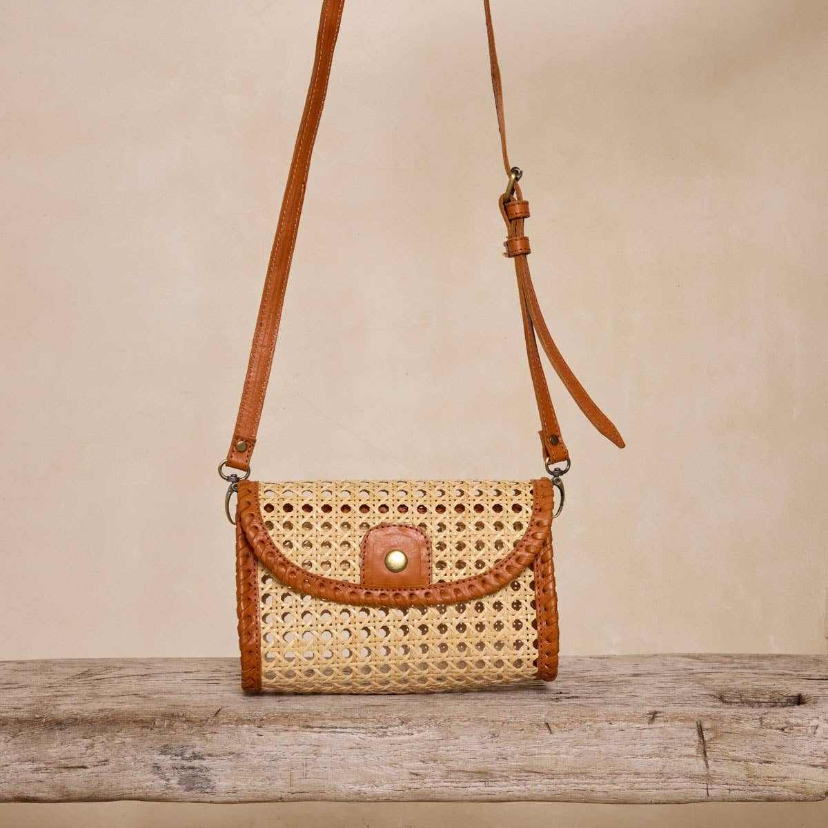 Pre-Order Rattan Brown Clutch with Leather Trim and Crossbody Strap