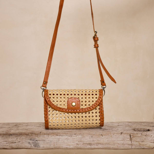 Pre-Order Rattan Brown Clutch with Leather Trim and Crossbody Strap