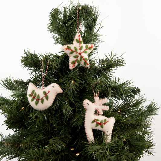 Ornament - Christmas Decor - Embroidered Dove, Star and Deer
