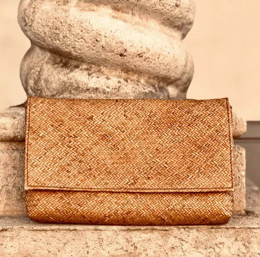 Rattan Summer Clutch with Batik Print Lining - Brown