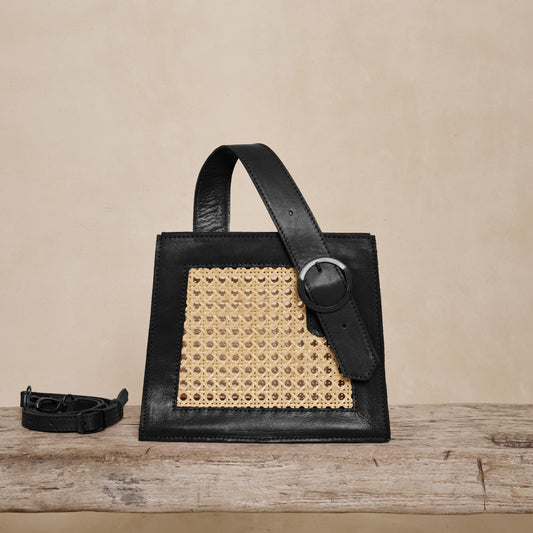 Rattan Black Cane Summer Resort Handbag with Buckle