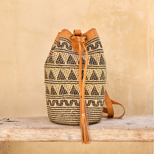 Rattan Sling Bag - Tribal Patten with Light Leather -  Large