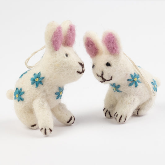 Ornament - Easter Decor - White Bunny with Blue Embroidery