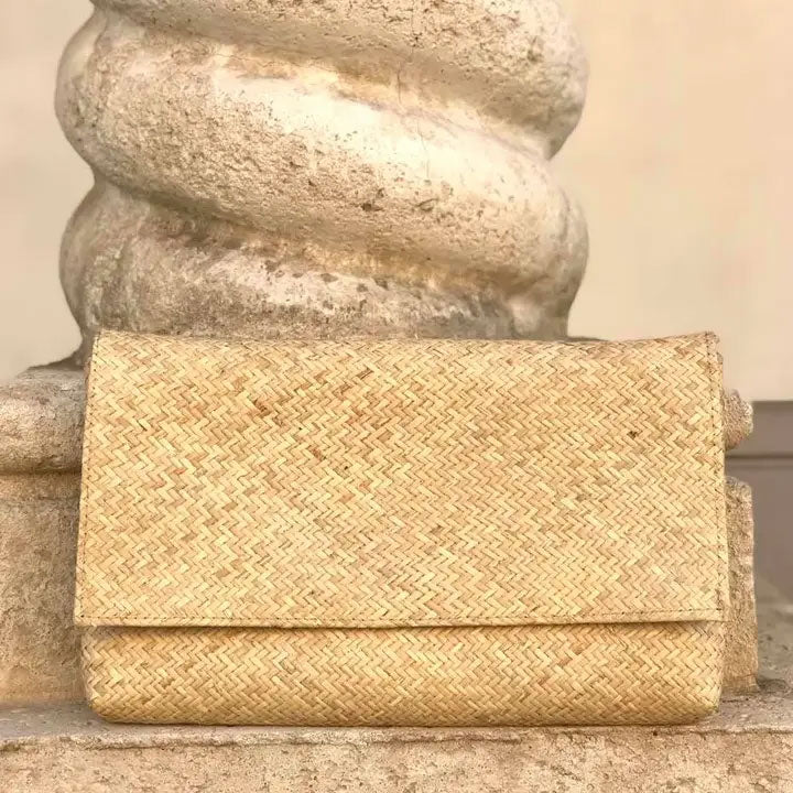Rattan Summer Clutch with Batik Print Lining - Ivory