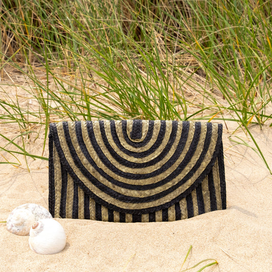 Straw Summer Resort Clutch Black and Natural Stripe