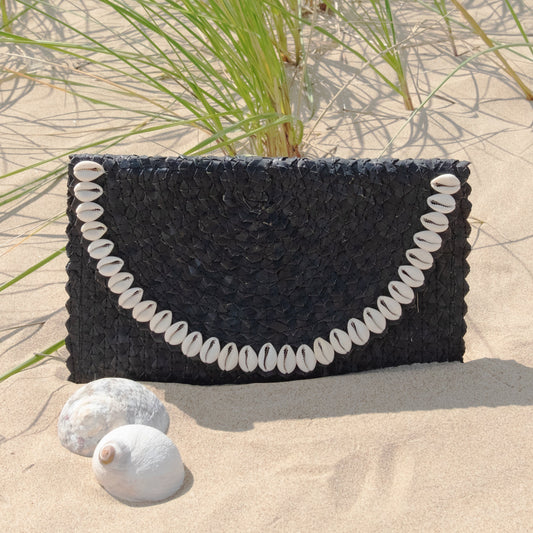 Straw Summer Resort Clutch - Black with Cowrie Shell Trim