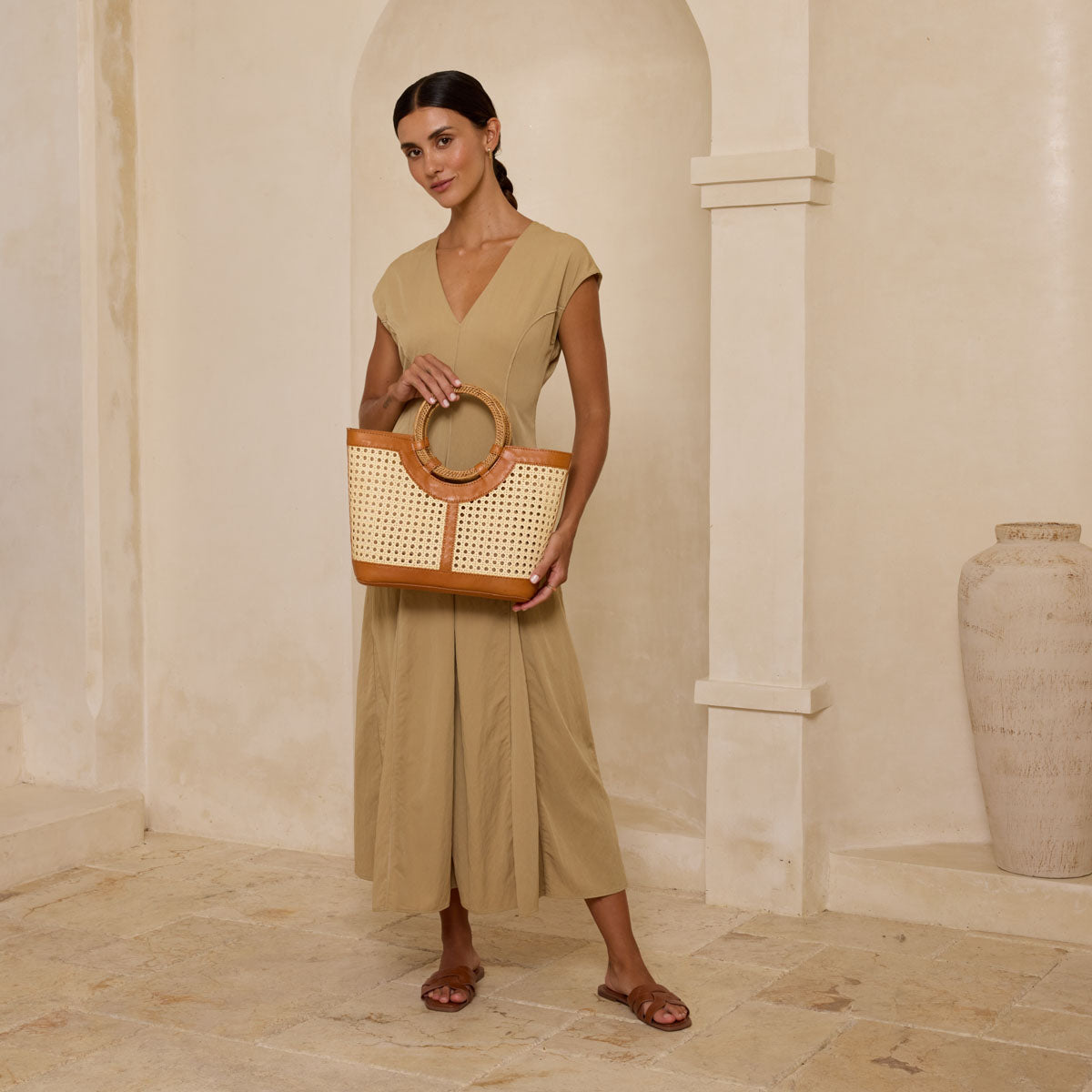 Rattan Brown Leather Large Square Cane Weave Tote Handle