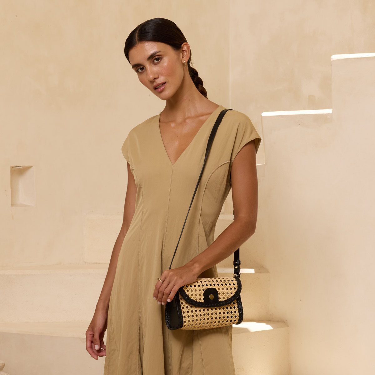 Rattan Black Clutch with Leather Trim and Crossbody Strap