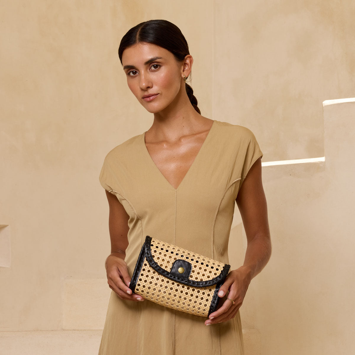 Rattan Black Clutch with Leather Trim and Crossbody Strap