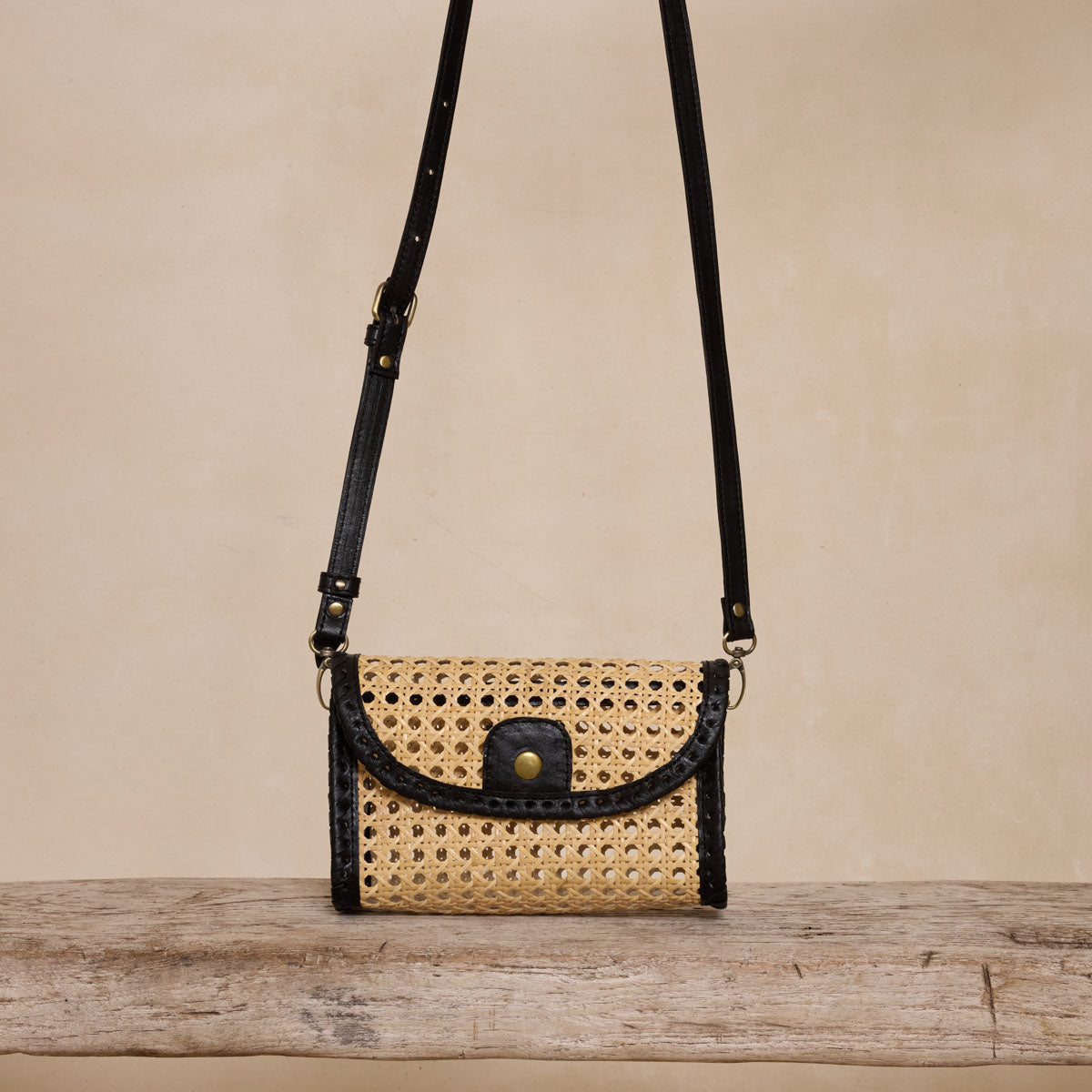 Rattan Black Clutch with Leather Trim and Crossbody Strap