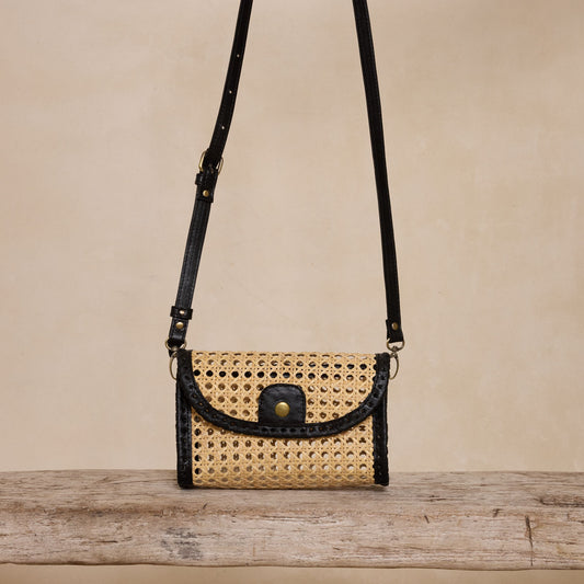Rattan Black Clutch with Leather Trim and Crossbody Strap